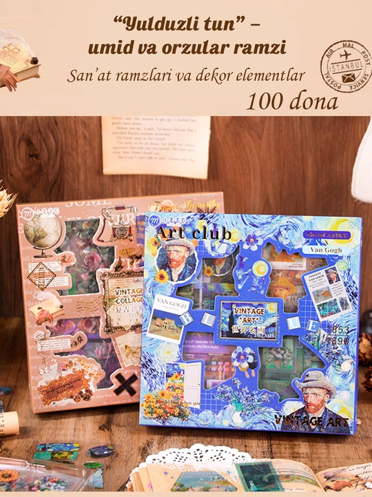 100 ta nakleyka, Vintage, Estetik dekorativ skotch to'plami, handmade, qizlar uchun sovga