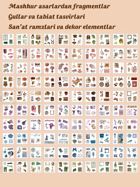 100 ta nakleyka, Vintage, Estetik dekorativ skotch to'plami, handmade, qizlar uchun sovga