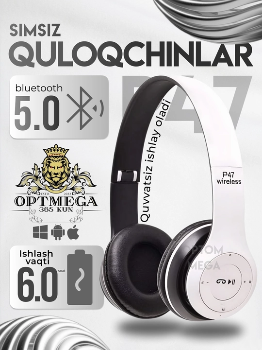 Simsiz quloqchinlar P47, Bluetooth 5.0, yig'iluvchan, mikrofon bilan, shovqinsiz