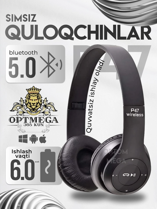 Simsiz quloqchinlar P47, Bluetooth 5.0, yig'iluvchan, mikrofon bilan, shovqinsiz