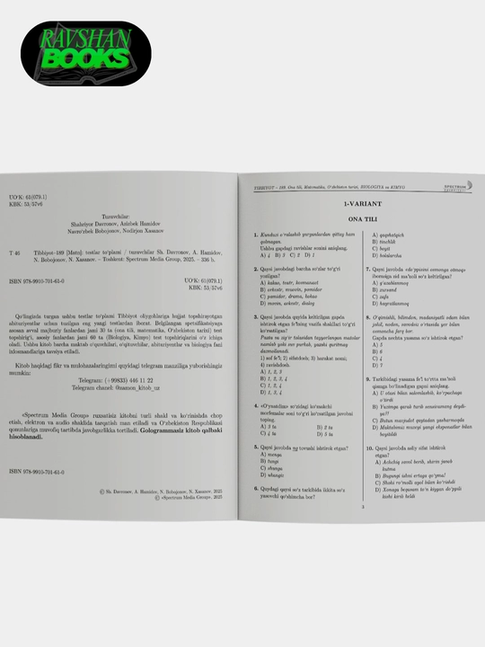 TIBBIYOT–189. Она тили, Математика, Тарих. Биология, Кимё. Сборник тестов, на узбекском