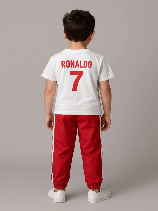 Bolalar uchun Ronaldo 7 sport kiyim to‘plami oq futbolka + qizil shim + sumka