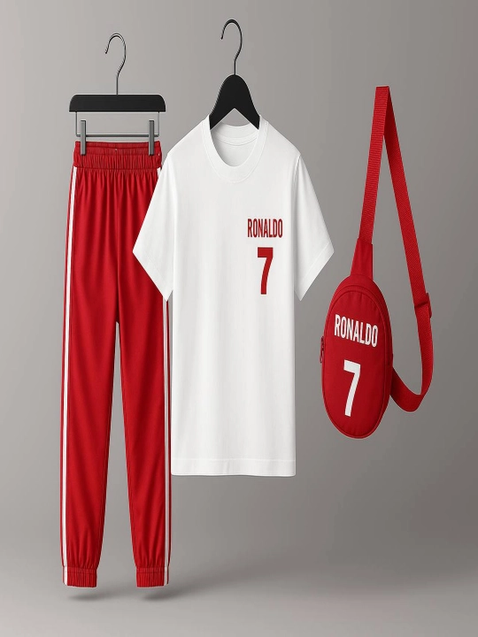 Bolalar uchun Ronaldo 7 sport kiyim to‘plami oq futbolka + qizil shim + sumka