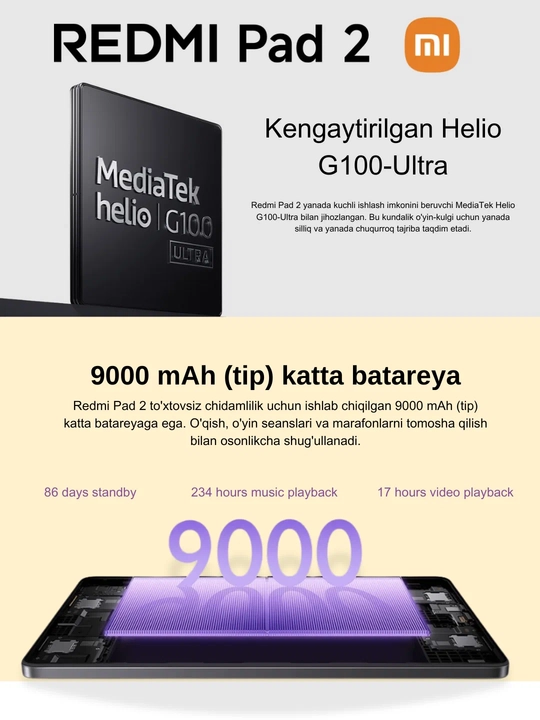 Xiaomi Redmi Pad 2, 4/128 ГБ, 90 Гц (дисплей), аккумулятор 9000 мА/ч