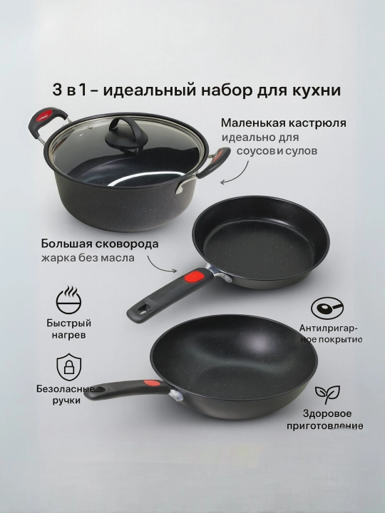 Набор посуды 3 предмета, гранитное покрытие, стеклянные крышки, 28 и 32 см