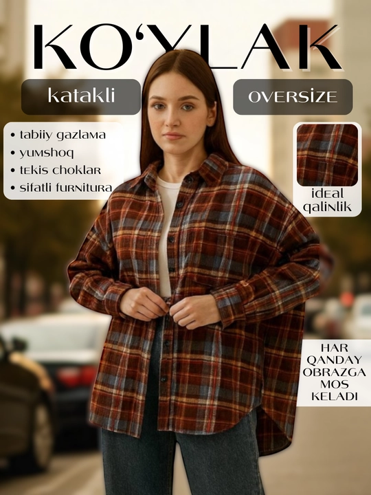Ayollar uchun oversize katakli ko‘ylak, uzun yengli, uslubiy, kundalik