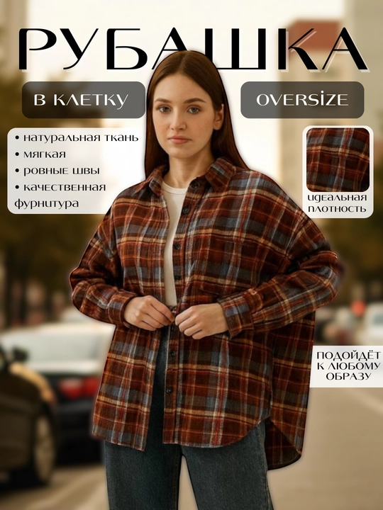 Ayollar uchun oversize katakli ko‘ylak, uzun yengli, uslubiy, kundalik - 