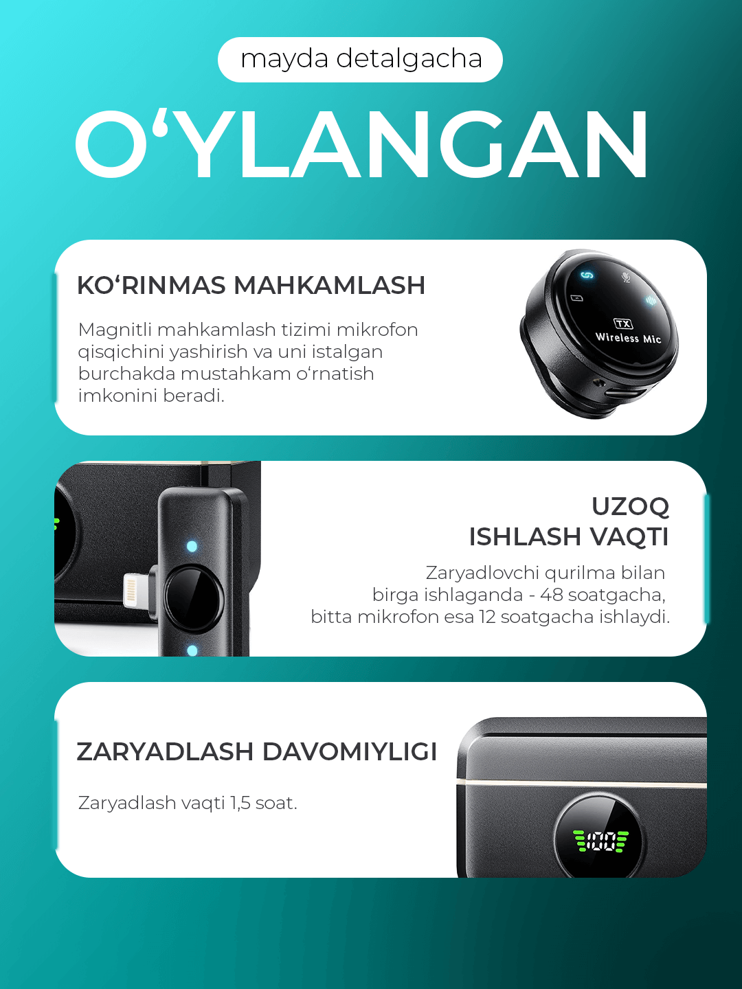 Simsiz petlichka mikrofon telefon uchun Type-C / Lightning, kontent va intervyu uchun