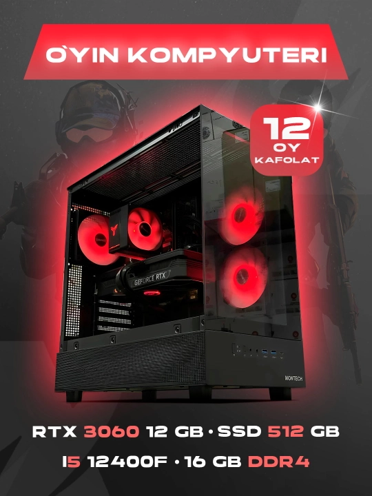 O'yinlar va grafika kompyuteri, RTX 3060 12GB, Core i5 12400F, B760, 16GB DDR4, SSD 512GB
