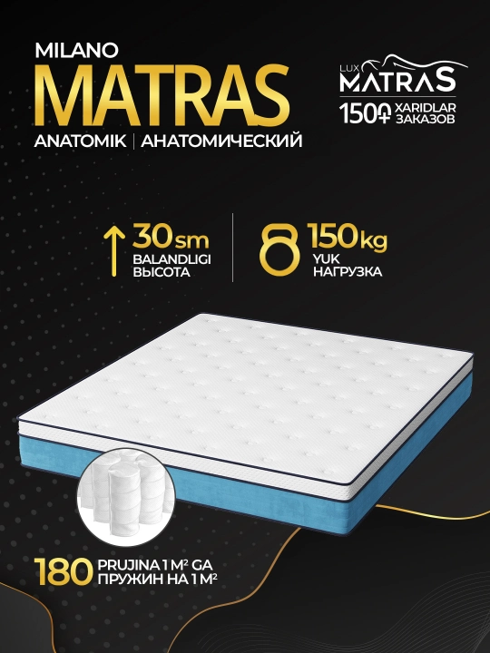 Матрас Milano анатомический, высота 28 см, независимые пружины, Luxmatras