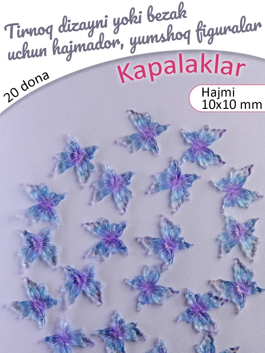 Tirnoq dizayni yoki bezak uchun hajmador, yumshoq figuralar, kapalaklar 50 dona