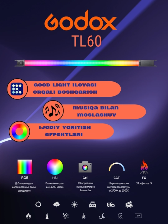 Fotostudiya uchun yorug'lik Godox TL60 RGB - 