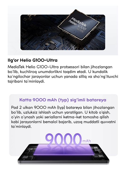 Planshet Redmi Pad 2 4G,11" IPS LCD, QHD 90Hz, 9000 mA/s, tez zaryadlash 18 Vt, 1 уil kafolat