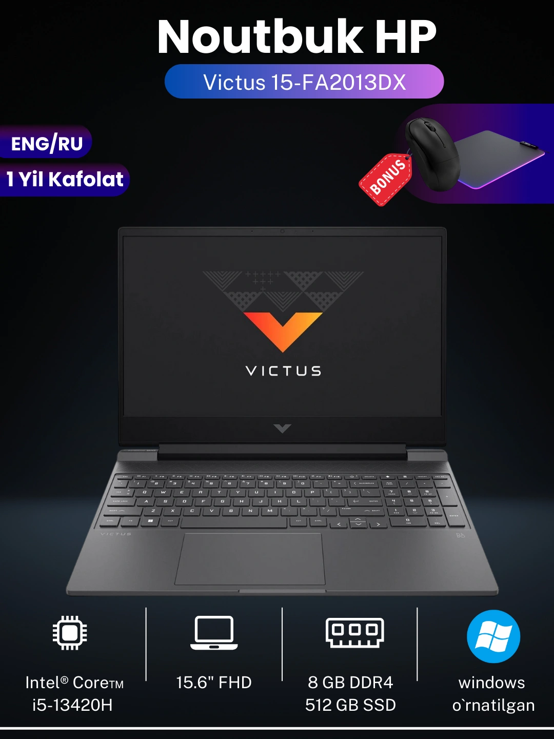 Ноутбук HP Victus 15-FA2013DX, i5-13420H/8 ГБ/512 ГБ/RTX3050 6G/15,6" FHD за 9499000 сум со скидкой 14%. Uzum Market