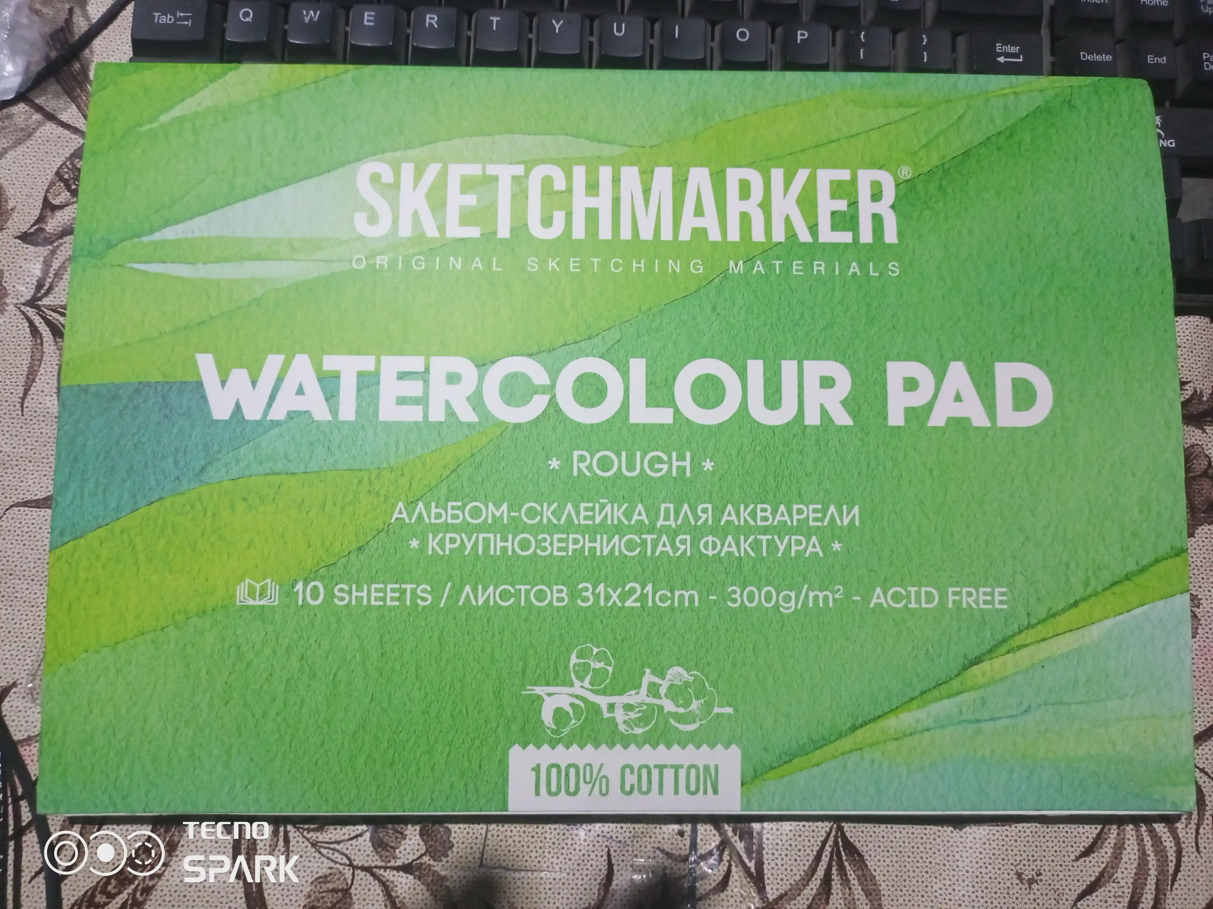 Альбом для акварели Sketchmarker, крупное зерно, склейка, 300 г/м2, 21 х 31 см, хлопок 100%
