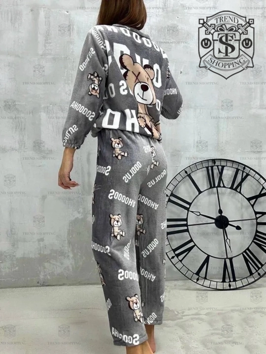 Plyushli momiq pijama, yumshoq pijama, pastki shim bilan