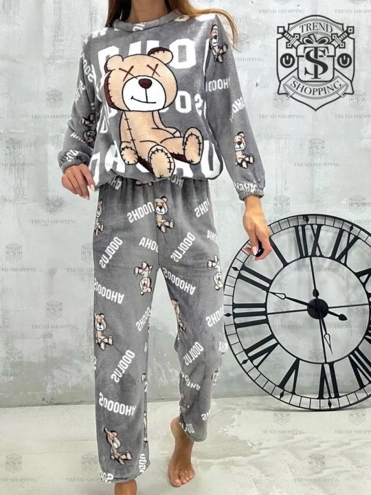 Plyushli momiq pijama, yumshoq pijama, pastki shim bilan