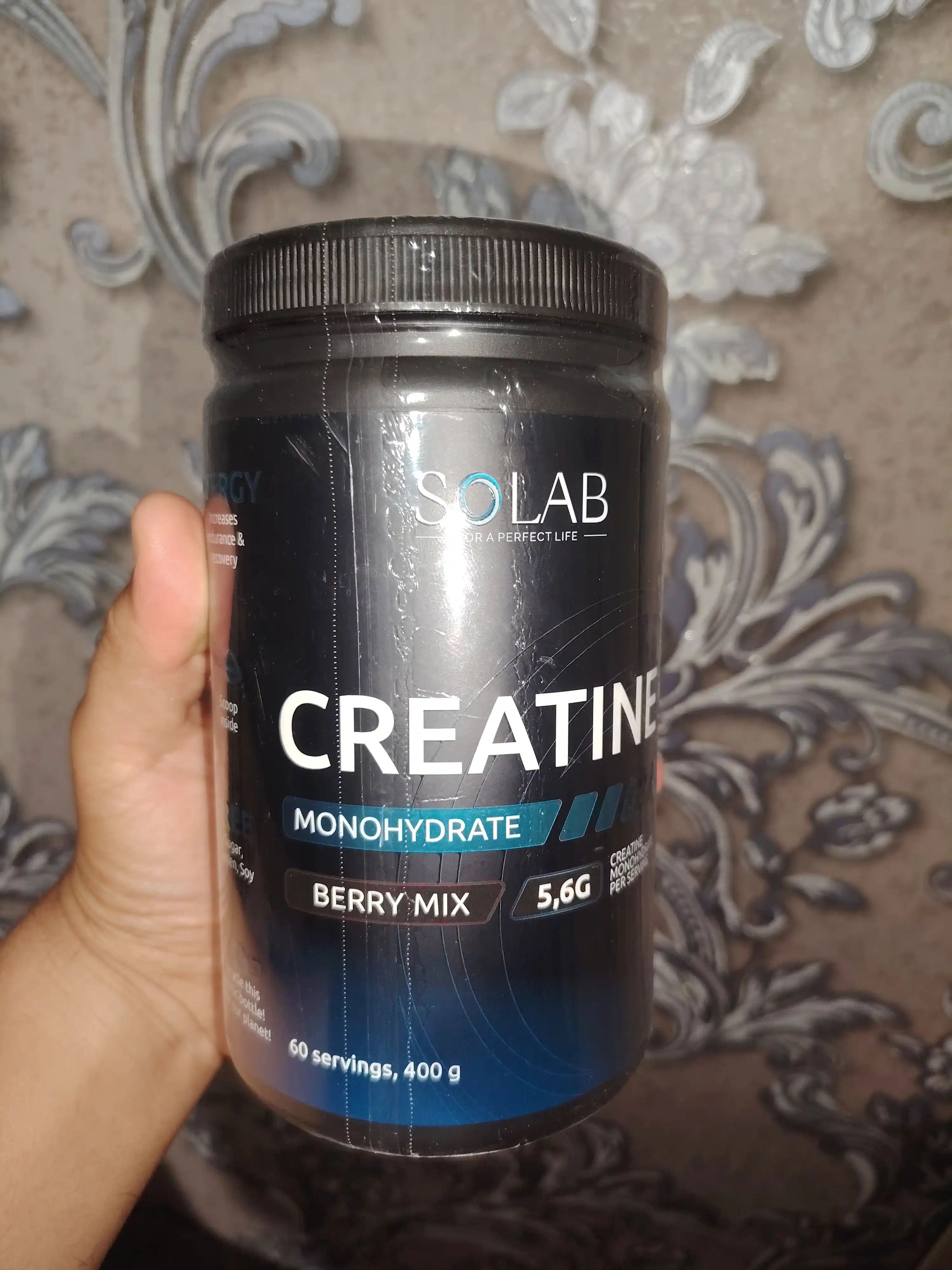 Kreatin monogidrat kukuni, SOLAB, Malina ta’mli, 400 g, 60 porsiya