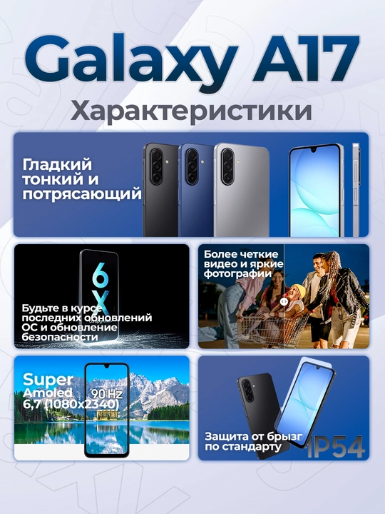 Samsung Galaxy A17 4G, камера 50 Мп, до 8/256Gb, 6.7" AMOLED 90Hz, 5000 mAh 25w, IP54