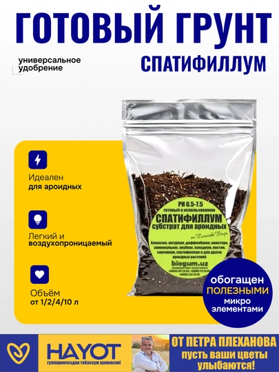 Spatifillum. Aroid gullar uchun Pyotr Plexanovdan grunt, aglaonema alokaziya anturium - 