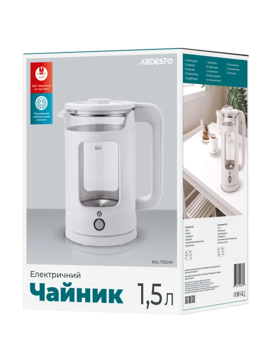 Ardesto elektr choynagi, 1,5 - 1,7 litr, metall, shisha, tabiiy materiallar
