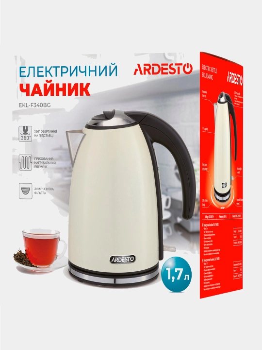 Ardesto elektr choynagi, 1,5 - 1,7 litr, metall, shisha, tabiiy materiallar