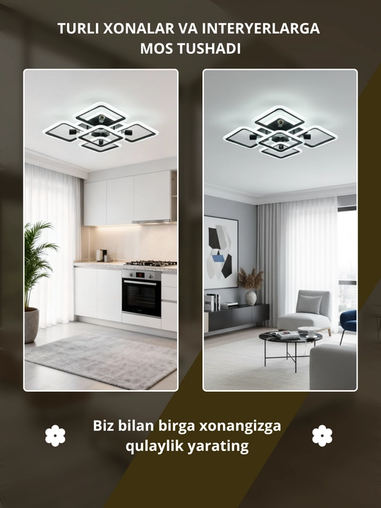 Lyustralar LED musiqali, 3 xil yorug'lik rejimli, pultli, uy va ofis uchun chiroq