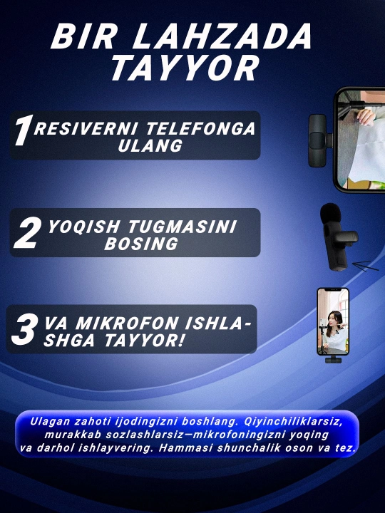Simsiz petlichka mikrofon telefon uchun, iPhone va Android uchun, AAA