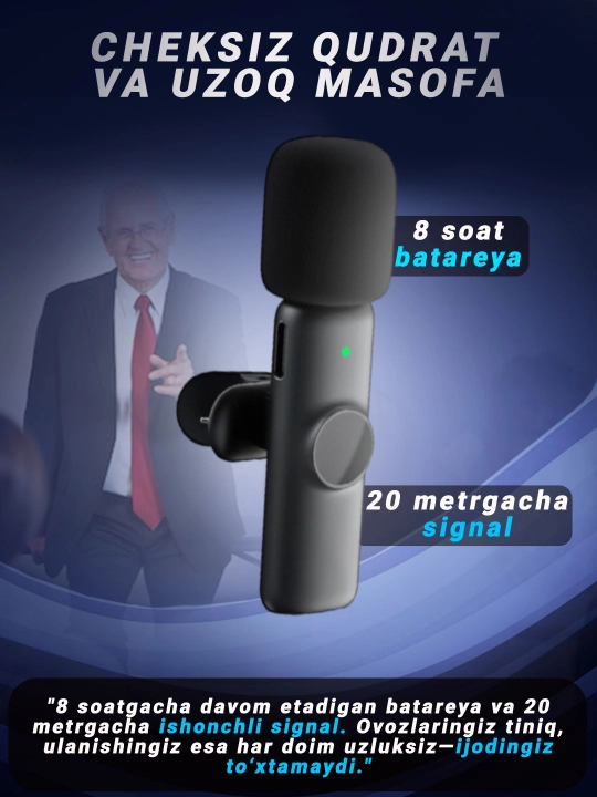 Simsiz petlichka mikrofon telefon uchun, iPhone va Android uchun, AAA