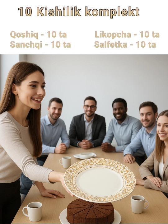 Bir martalik likopcha, qoshiq, sanchqi va salfetka, 10 kishilik to'plam