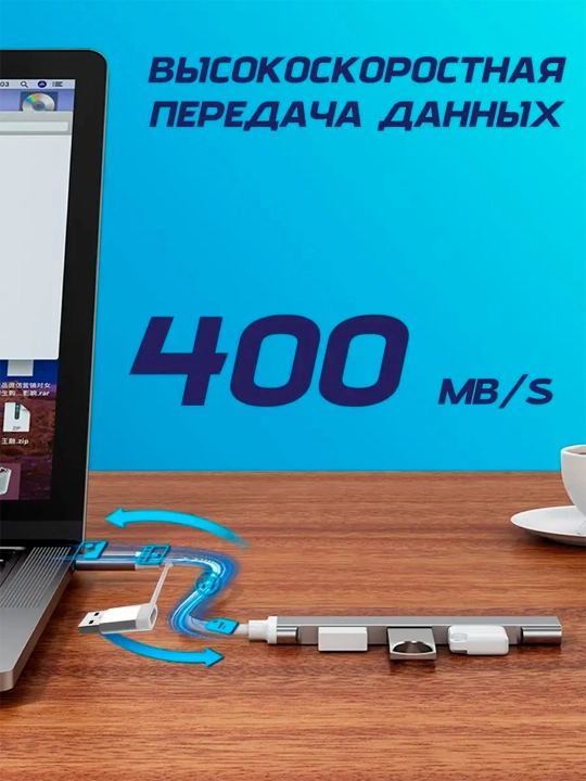 USB hub, 4 USB portli, Type-C, adapter HUB USB 3.0 MacBook va PC uchun