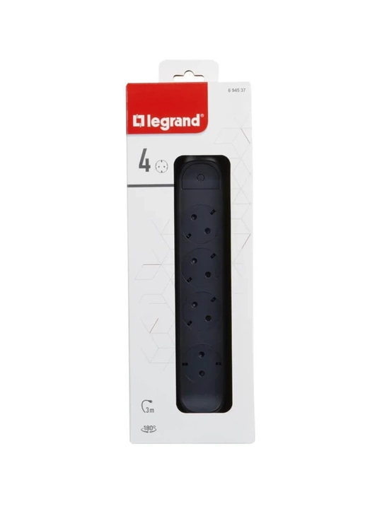 Удлинитель Legrand 4x2К+3, 16 А, поворотный, кабель 3 м, чёрный