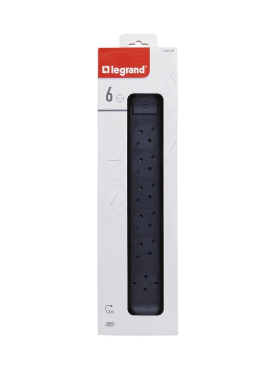 Удлинитель Legrand  6x2К+3, 16 А, поворотный, кабель 3 м, чёрный