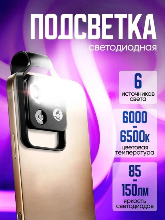 Микроскоп для телефона 200x с LED подсветкой и универсальным креплением. F1.8, 4 линзы