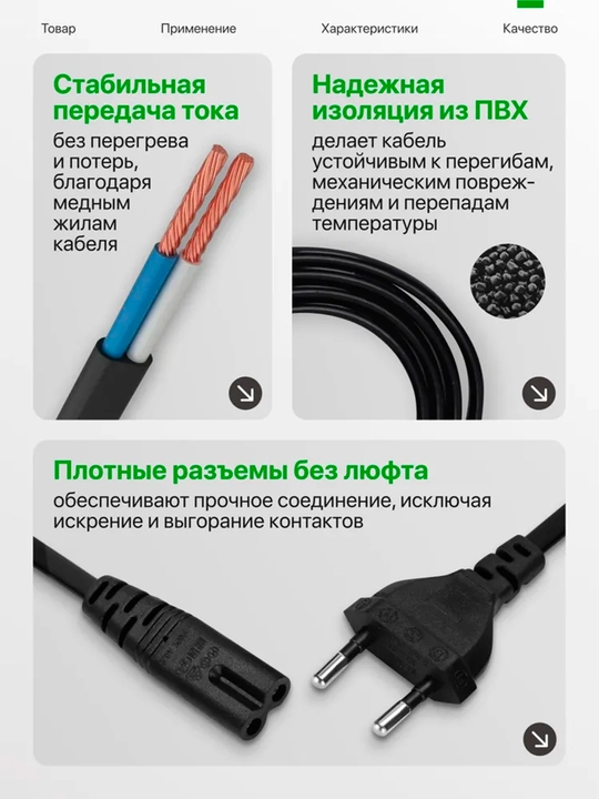 Кабель питания 220В 1.5м для компьютера, монитора, проектора, принтера силовой кабель