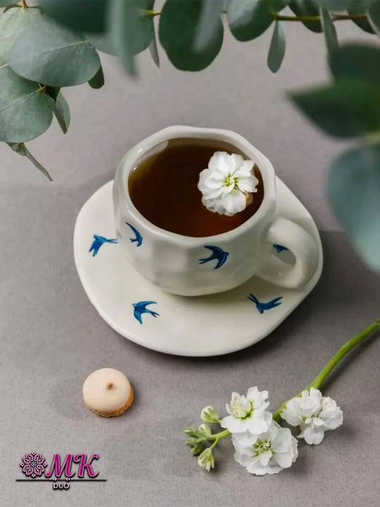 Choy jufti, 280 ml, keramika krujka likopcha bilan choy, qahva, kapuchino va latte uchun