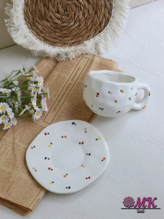 Choy jufti, 280 ml, keramika krujka likopcha bilan choy, qahva, kapuchino va latte uchun