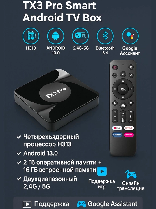 Смарт тв Box модель TX3 Pro Google TV 8K Streaming Box 2 Гб оперативная память 16 ГБ