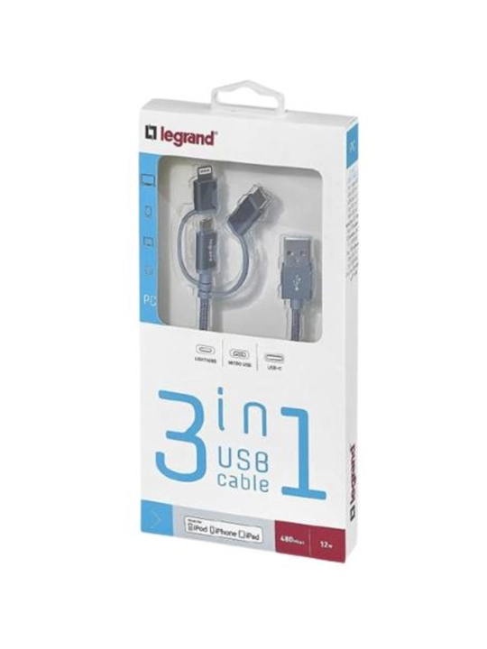 Зарядный кабель Legrand 3 в 1, USB-Lightning + USB-Type C + Micro-USB