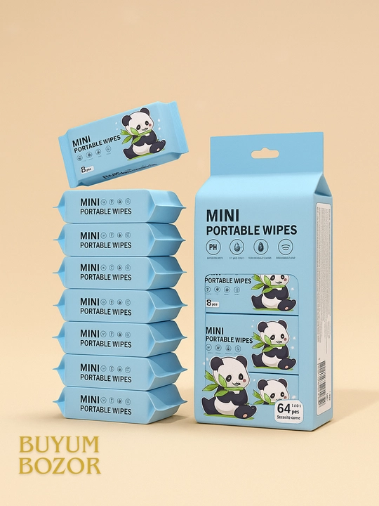 Nam salfetkalar 64 dona, antibakterial, mini, bolalar va kattalar uchun