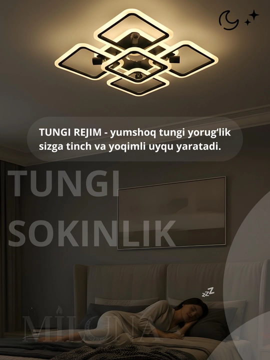 Lyustralar LED musiqali, 3 xil yorug'lik rejimli, pultli, uy va ofis uchun chiroq