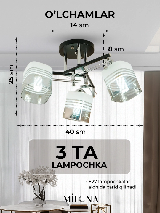 Lyustra buriluvchi plafonli, 3 xil o‘lchamda, oshxona va yotoqxona uchun, E27 patronli