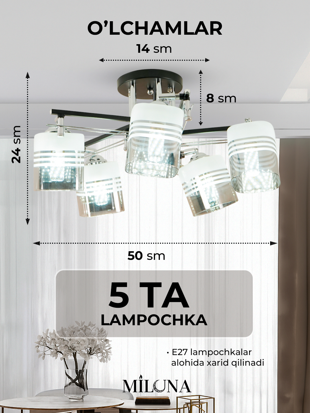 Lyustra buriluvchi plafonli, 3 xil o‘lchamda, oshxona va yotoqxona uchun, E27 patronli