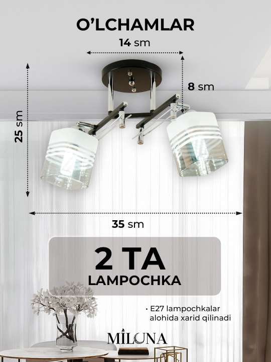 Lyustra buriluvchi plafonli, 3 xil o‘lchamda, oshxona va yotoqxona uchun, E27 patronli