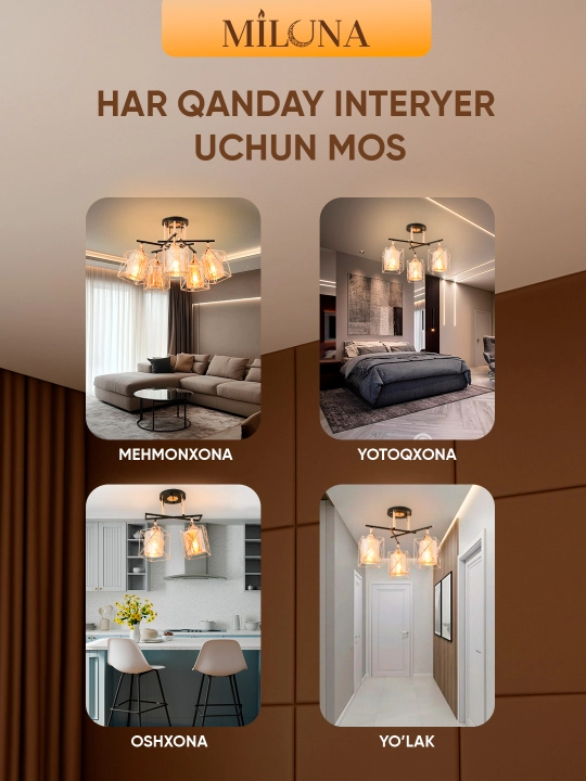 Lyustra buriluvchi plafonli, 3 xil o‘lchamda, oshxona va yotoqxona uchun, E27 patronli