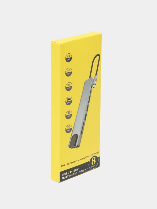 Type-C 8in1 Hub, HDMI, Ethernet, USB 3.0, USB-C, SD/TF, MacBook uchun Adapter