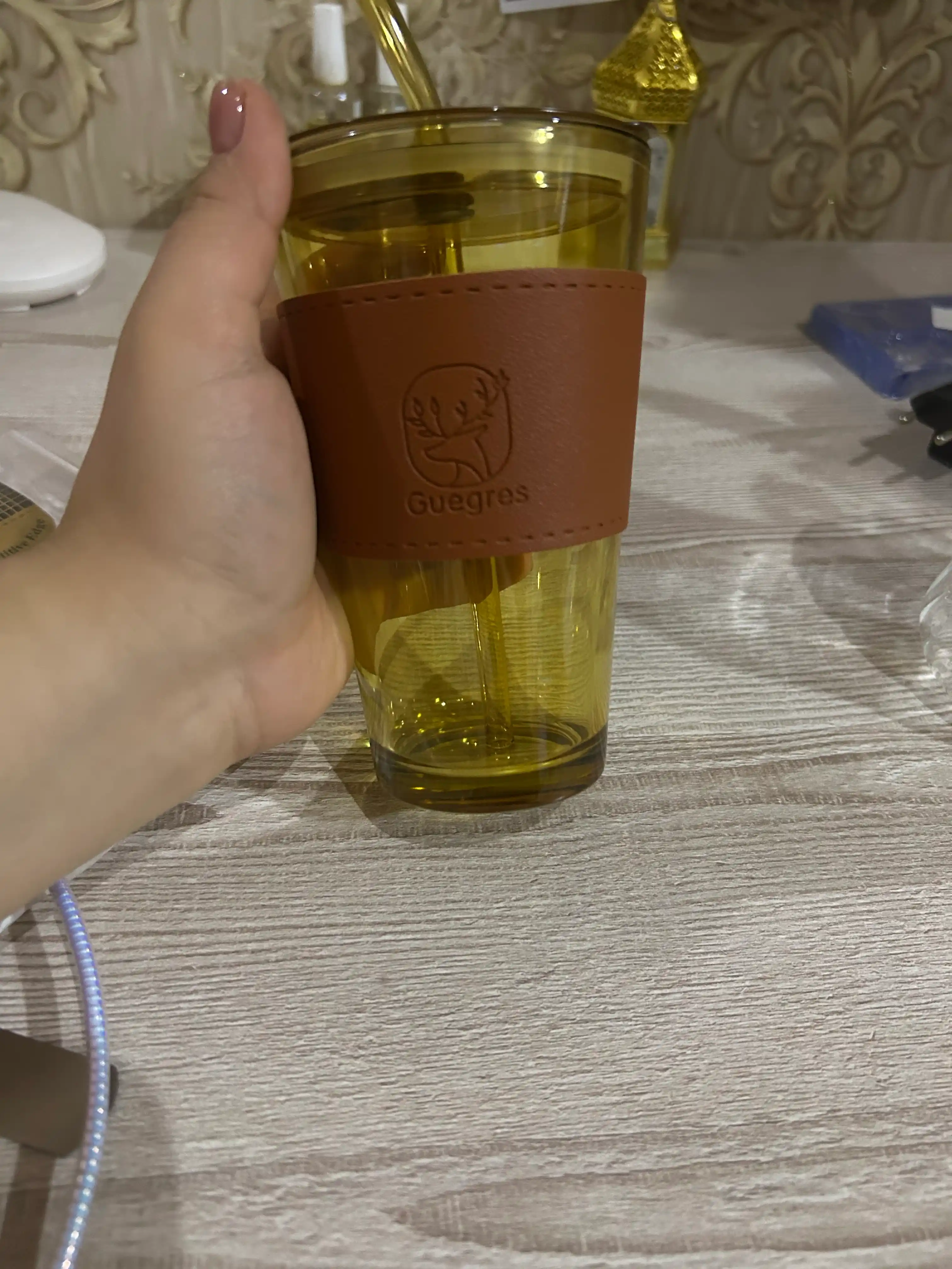 Somon, qopqoq va charm qopqoqli, 350-450 ml, shisha issiqlikka chidamli stakan