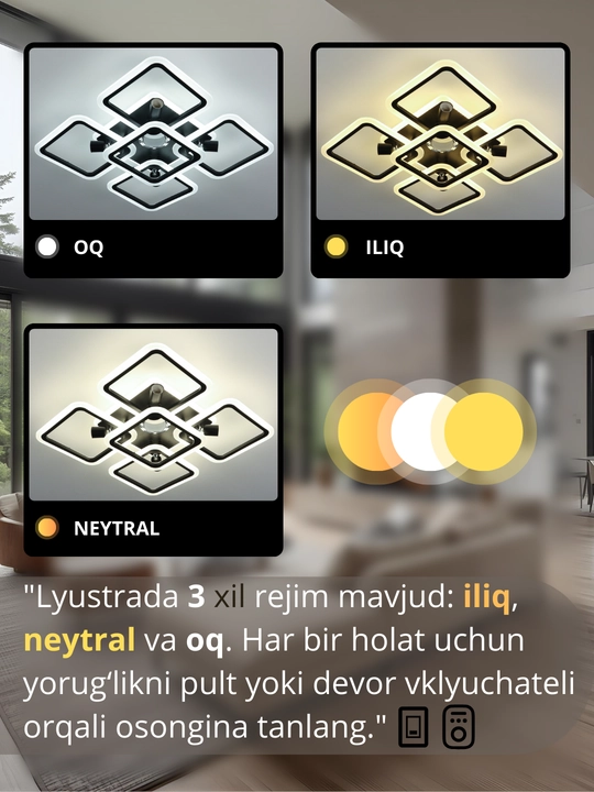 Lyustralar LED musiqali, 3 xil yorug'lik rejimli, pultli, uy va ofis uchun chiroq