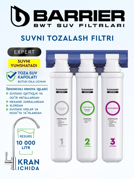 Kran bilan moyka uchun suv filtri "Bar'yer ekspert zhestkost'", qattiq suvni tozalash