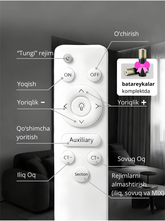 Lyustralar LED musiqali, 3 xil yorug'lik rejimli, pultli, uy va ofis uchun chiroq